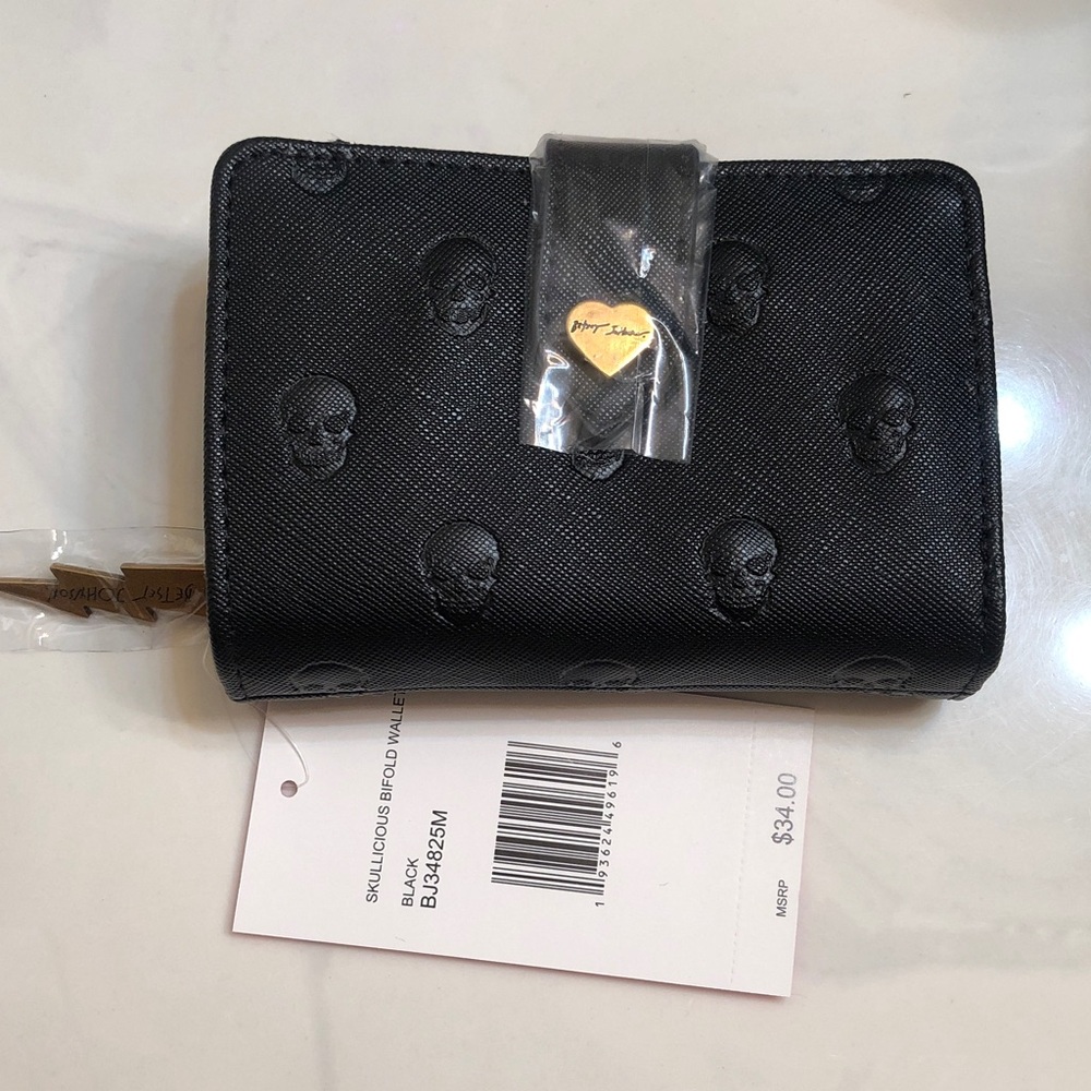 Betsey Johnson Black Skullicious Faux Leather Bifold Wallet Embossed Skulls NWT